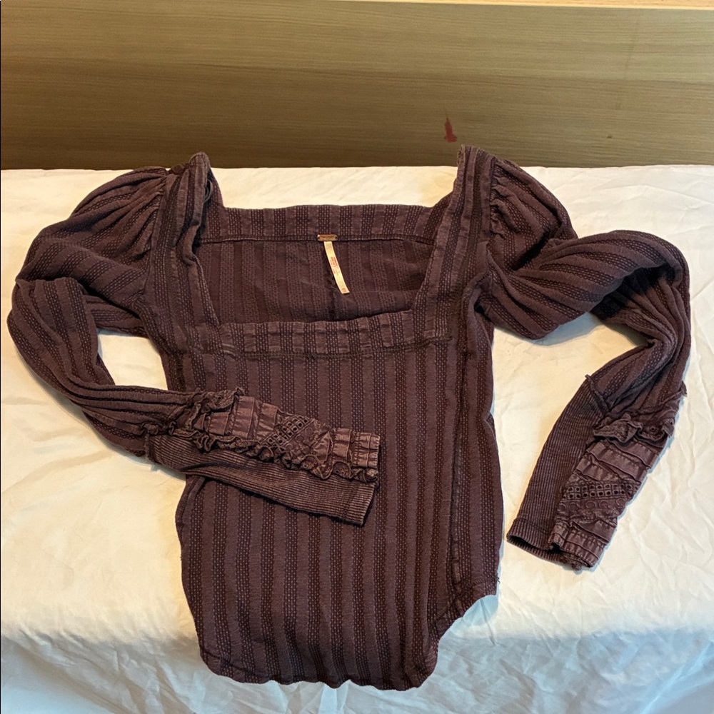 Free People Square Neck Long Sleeve slimline top- Deep Plum/Brown